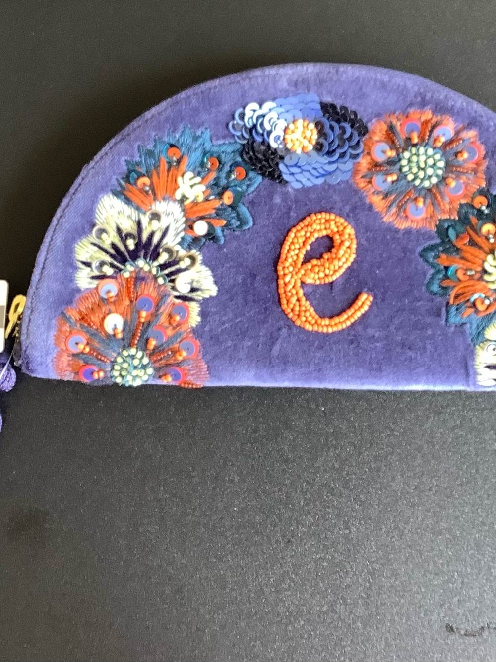 Anthropologie Purple Velvet Beaded Floral Zip Pouch